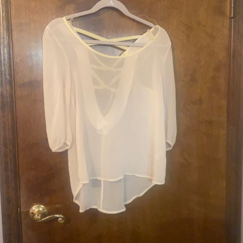Cream and yellow cross cross sheer top